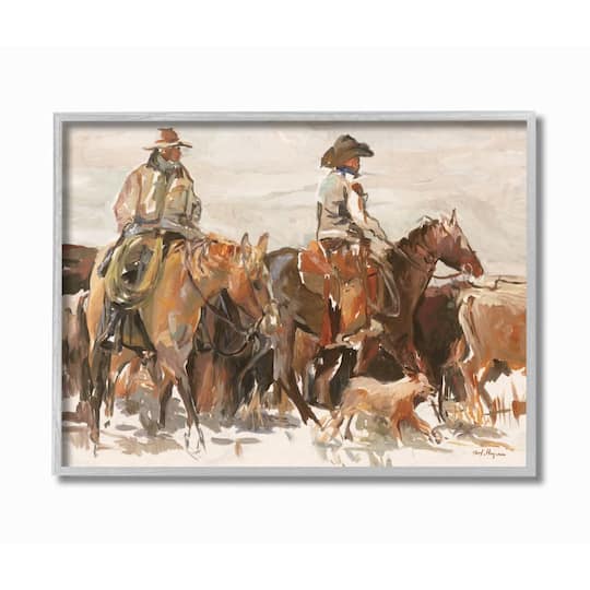 Stupell Industries Cowboys And Horses Farm Western Painting in Gray Frame Wall Art